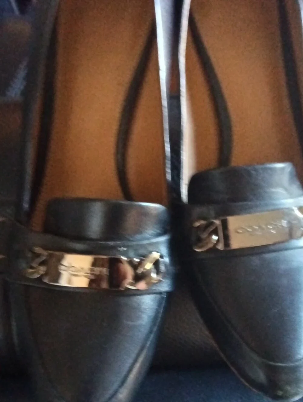 Coach Black Leather Heel Pumps with Metal Logo Plaque